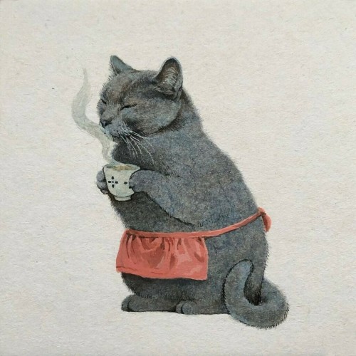 redlipstickresurrected:  Lily Seika Jones aka Rivulet Paper (American, b. 1989, San Antonio, TX, USA, based Seattle, WA, USA) - Tea Drinking Cat, Paintings: Watercolor