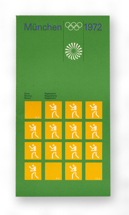 Otl Aicher, regulations booklets for each discipline, Munich 1972. Deutsches Sportmuseum