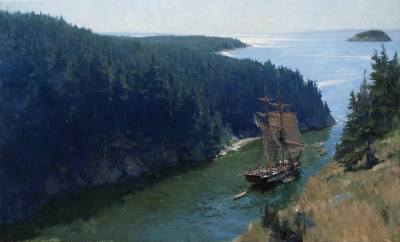 ltwilliammowett:The U.S. Brig Porpoise, transiting Deception Pass, June 1841 Christopher