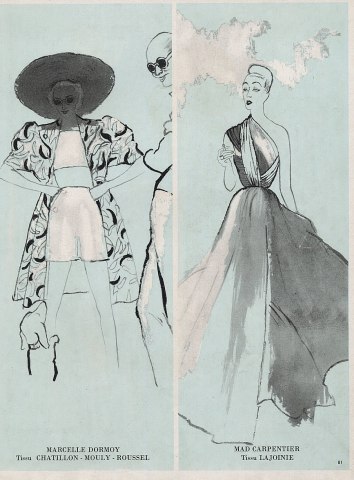 1946 illustrations by Bernard Blossac, Marcelle Dormoy at left, Mad Carpentier at right