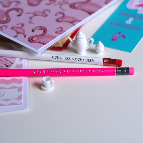 Flamingo cards available in my Not On The High Street shop. Alice In Wonderland pencils from th