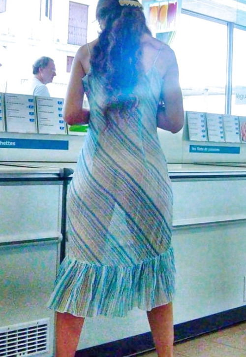 carelessnaked: Wearing a very thin transparent dress and showing her almost nude body in a public pl