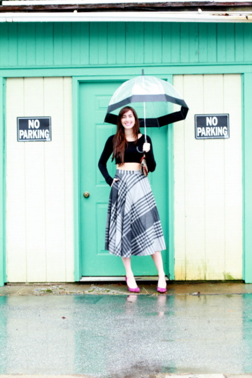 A line and Tiffany’s Umbrella by no name Vintage fur collar Sweater by Donna Karen  Plaid skir