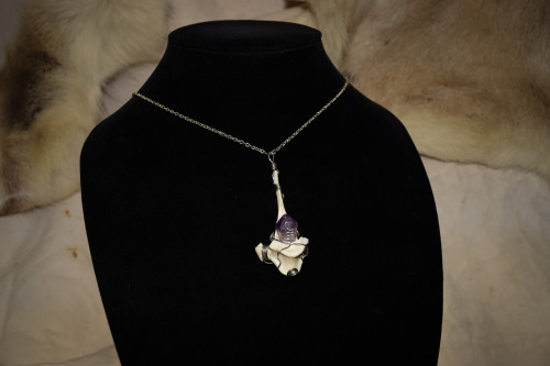 Coyote vertebra with amethyst point necklace, available in the store. This piece has some new wire w