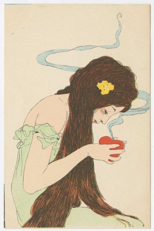 fleuromanie:Postcard by Raphael Kirchner, Woman holding a smoking heart (from the series Love Though