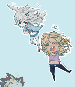 aquamista: The thiefshipping duo’s getaway vehicle(?) My friend and I had this idea and I’m sure we’re not the only ones who think Bakura could use those batwing-shaped bangs to fly away might be how he’s always disappearing Get this artwork as