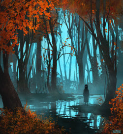 deviantart:  A blue mist hangs above the forested mire, creating an atmosphere fitting of the soul that resides within. “Through the fog” by Lauren-Cova: http://bit.ly/2xklPo6 