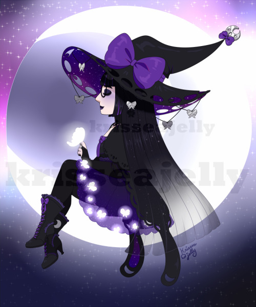 A witch creating a silhouette against a crescent moon. She has a big hat with purple bows, butterfly details, and a space pattern on the inside. She wears glasses with dark make-up and dark circles under her eyes. She has black hair with purple underneath that fades to be transparent. Her outfit is primarily purple and black with butterfly, moon, and space details.