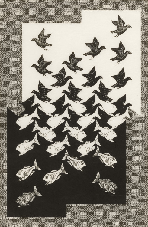 Sky and Water II, M. C. Escher, 1938Woodcut on paper62 x 40.5 cm (24 ⅜ x 15 ⅞ in.)