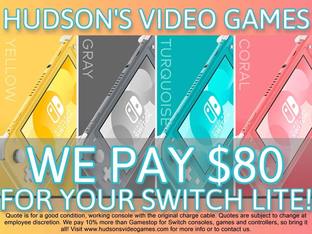 We want to pay YOU! Bring in a good condition switch lite and power cable to any Hudson’s Video Games location  and get $80 TODAY! Get 10% more than the competition for any switch games you bring also!

#hudsonsvideogames #hudsonsvideogamesaltamonte #hudsonsvideogamesoviedo #hudsonsvideogamesvolusia #nintendo #switchlite #switch #marii #zelda #pokemon #kirby #smashultimate #breathofthewild #pokemonlegendsarceus #metroid #switchsports #videogames #retrogames  (at Altamonte Mall)
https://www.instagram.com/p/CfW6MgMOpqt/?igshid=NGJjMDIxMWI=
