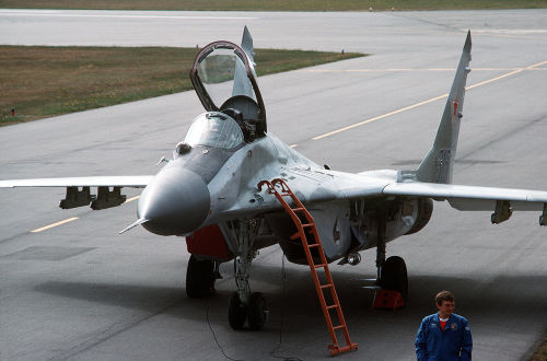 retrowar:Soviet Air Forces MiG-29 parked after a display flight at the Abbotsford Air Show, 1989