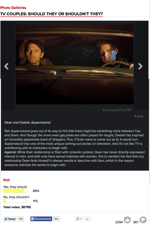 castiel-knight-of-hell:  snuffles05:  castielryan:  attackofthekillermexisaurusrex:  Okay, so this is important. TV GUIDE VIEWS DEAN AND CASTIEL AS A LEGITIMATE COUPLE THAT HAS A POSSIBILITY.  No joke.  Check it out.  This is great. Do you know why?