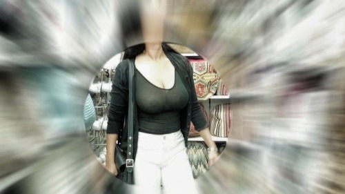 carelessinpublic:Inside a shop with big boobs and nipples poking in her transparent dress