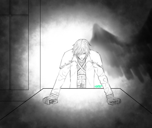 boomchickfanfiction: [Image description: Genesis Rhapsodos is leaning heavily on a table, arms locke