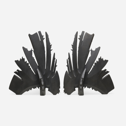 Albert Paley, Andirons, pair, USA, 1992,Formed and fabricated steel with a blackened finish,15¼ h × 