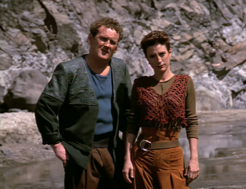 two screencaps from deep space nine season 2 episode 1 of kira nerys and miles o'brien. they are dressed in civilian clothing and standing quite close, side by side in a kind of rocky quarry type landscape and looking straight at the viewer. miles has one hand on his hip. in the first image their expressions are somewhat questioning and disdainful. in the second image miles is laughing and kira has her chin raised high with a smug expression and holds one hand so that her thumb is tucked behind her belt.