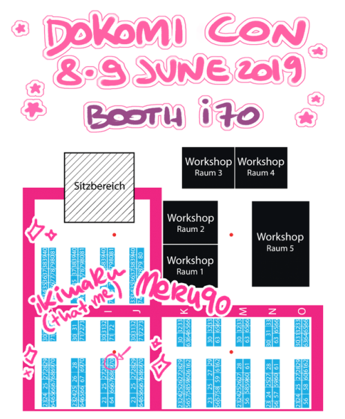 heyy a reminder I’m gonna be at Dokomi con in Düsseldorf and sharing a table with @meru90 on 8-9 jun c: the booth is i70, towards the back of the con, here’s the full map!we’ve been setting up the table today and I’ll try to post a pic tomorrow