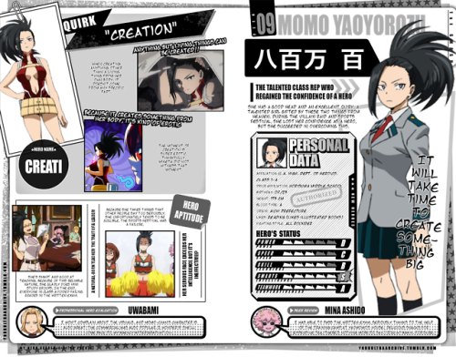 yourultraarchive:  Profile made using my translation of Yaoyorozu’s databook entry and the Ultra Archive Student Profile Generator, showcasing the all new “S-grade” feature.Check out the template generator online or download the PSD at @yourultraarchive,