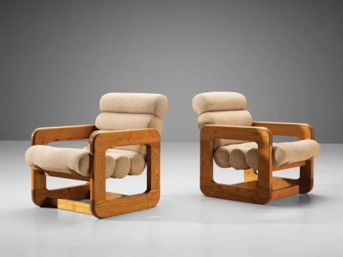 tinaseh:Vintage Pair of Ash Wood &amp; Biege Upholstered Lounge Chairs, Italy.