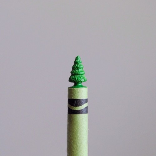 crayon tree - all green crayons have a small tree on the top. carved with a sewing needle. #happyholidays #christmas #crayontree