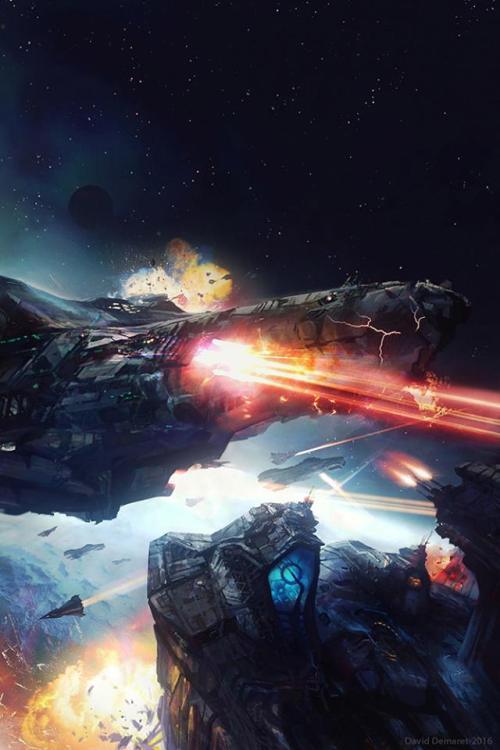 sciencefictionworld: “Orbital Encounter” by David Demaret. Stunning firefight image