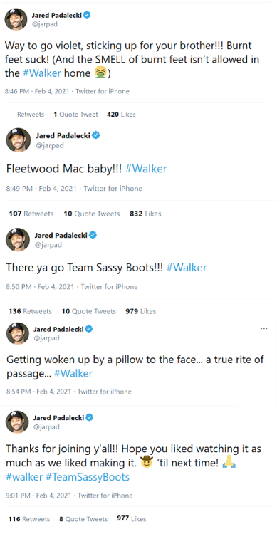 Jared Padalecki’s live tweets from episode 1x03 of Walker. (x)