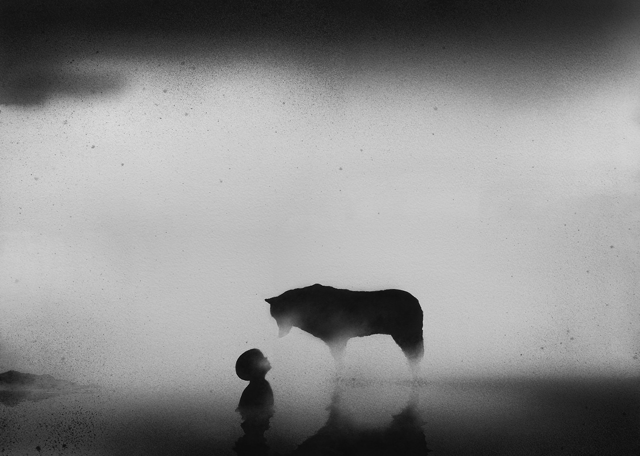 itscolossal:Hazy Black Watercolor Paintings of Children with Animals by Elicia Edijanto