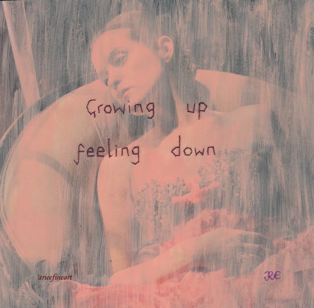 Image of a woman lying back in a chair, her head tilted to left and downwards, with her right hand resting on her stomach. The image is painted over thinly with pale pink paint. In the middle of the image there is sewn on text in dark purple thread which reads: "Growing up / feeling down". In the bottom right hand corner is the artist initials "R.E" in purple. In the bottom left hand corner is the artist handle "@arieefineart" in purple.