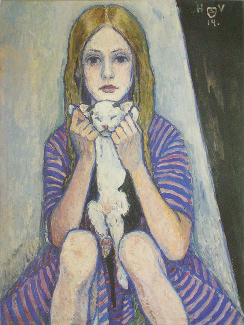 design-is-fine:Heinrich Vogeler, Girl with a cat (Daughter Mascha), 1914. Oil on cardboard. Haus Sch