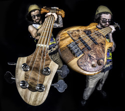 haxleymartwell:  bass guitar - designed and built by maxwell hartley all florida woods sourced by the artist: neck: sycamore   pickguard and headstock inlay: laurel oak burl   body: cherry   fretboard: heartpine   body center: live oak   pickups: