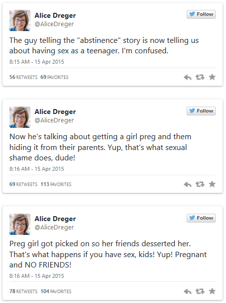 An abstinence-focused sex education class in East Lansing, Michigan recently received a shock when one student’s sex-positive mother sat in on the proceedings — and hilariously live-tweeted them. Alice Dreger, a professor of medical humanities and