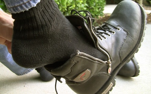 n2ftgear:  My Trusty pair of side zip Red Wing motorcycle boots and damp black socks.