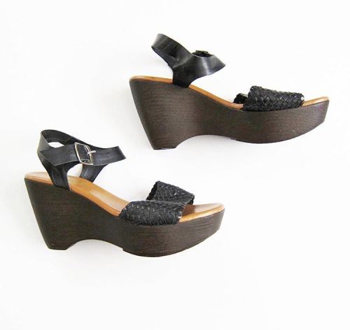 In the shop! Vintage 70s faux wood wedge platforms • woven leather foot strap, buckled at ankle