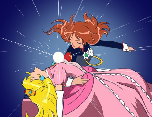 crookedlykawaiibunny:  I’m back on my AU shite again. This time with Princess Peach and Daisy as Anthy and Utena from Revolutionary girl Utena! I made a lot of pics of them. Also Rosalina, Pauline, and captain syrup made an appearance as well (1/3)