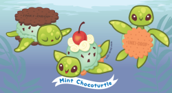 inki-drop:  New Character! Mint Chocoturtle! Minty is a sweet baby sea turtle who carries a scoop of ice cream on her back and a buttery biscuit on her belly. Sometimes she changes flavors, toppings, and biscuits, but her favorite flavor is mint choco~