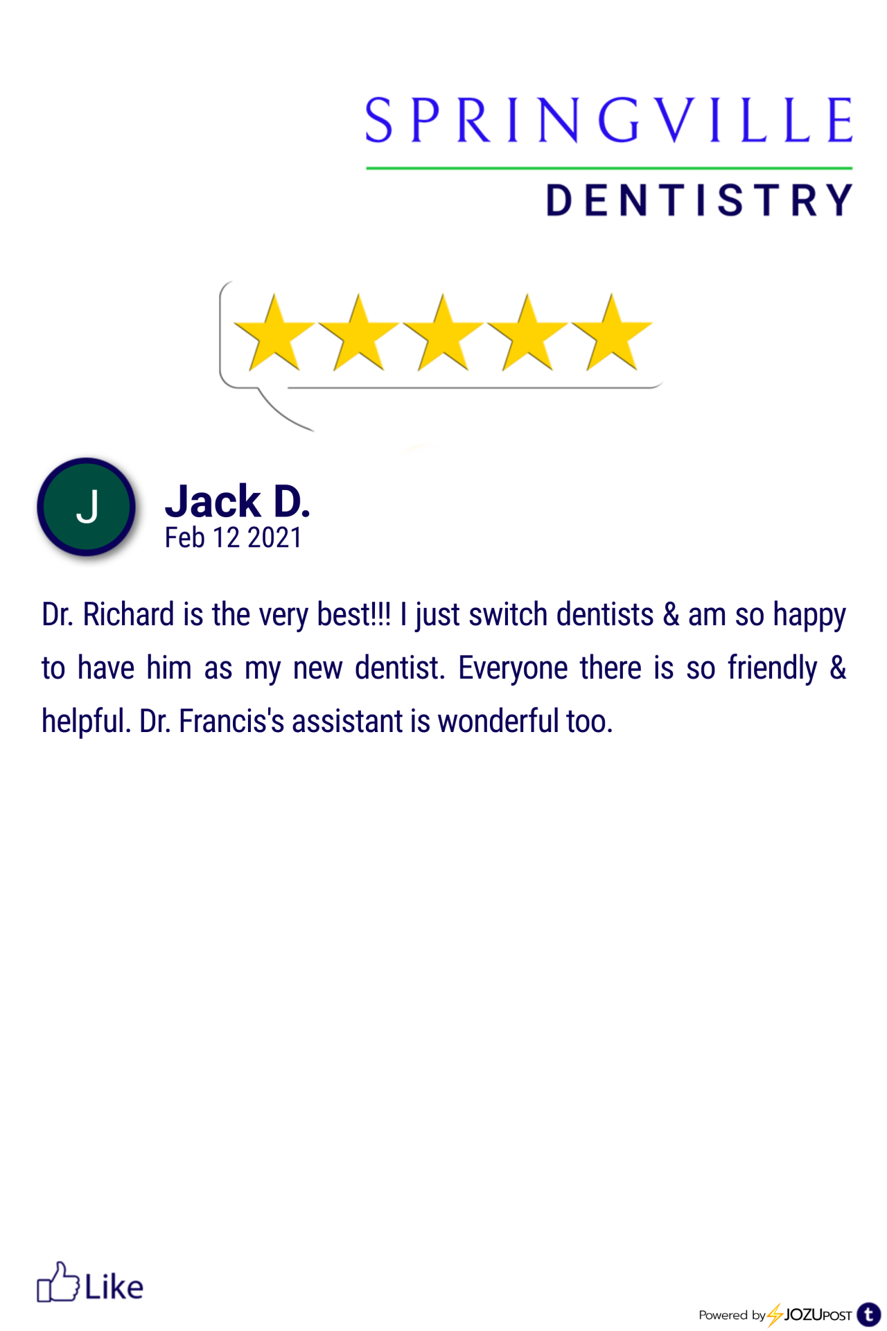 We appreciate our patients!
Here is our latest Five-Star Review from Jack D. We love to recognize those patients that take the time to fill out a review and let us know how we are doing.
Here is what Jack D. had to say: “Dr. Richard is the very...