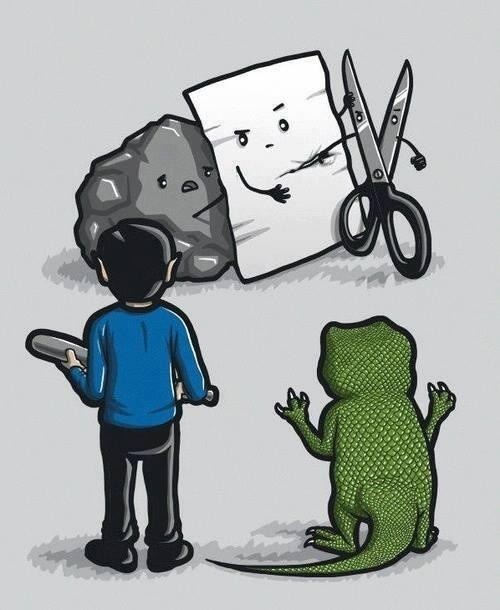 bottleoffirewhiskey:  Rock. Paper. Scissors. Lizard. Spock.
