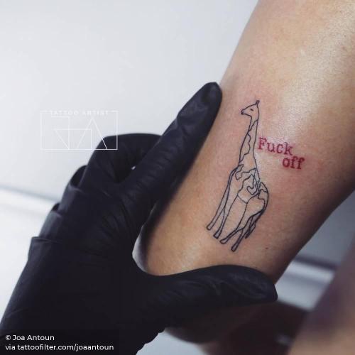 By Joa Antoun, done in Beirut. http://ttoo.co/p/35726 animal;english tattoo quotes;english;facebook;fuck off;giraffe;illustrative;joaantoun;languages;small;quotes;tricep;twitter