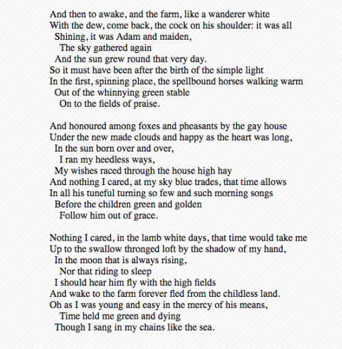 Fern Hill, by Dylan Thomas.One of the most beautiful, saddest, and truest poems.