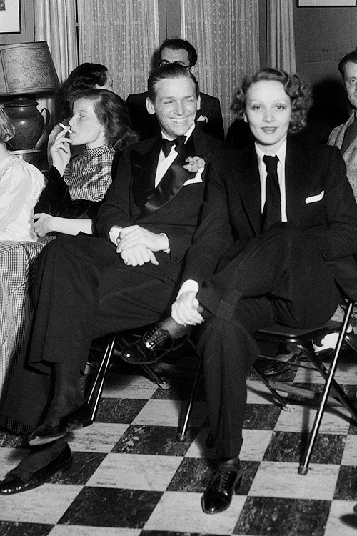 farleysgranger:  Katharine Hepburn, Douglas Fairbanks, Jr., and Marlene Dietrich attending a private