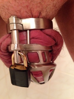 exploringchastity:  Wasn’t easy - actually took a few tries - but managed to shoved my cock into the smallest ring that the Bon4m comes standard with. Not super comfortable now, but waiting to see how it feels after settling down.  Should be tight but