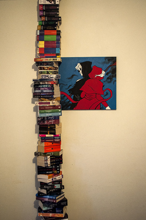 littlebitshonkie:‘I bet you can’t pile your books up in a tower high enough to reach you