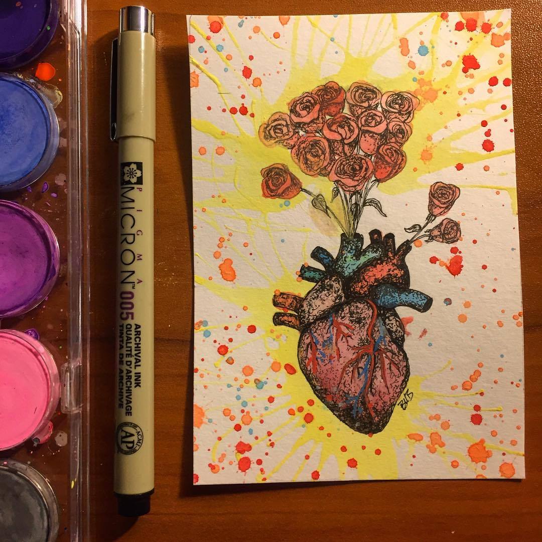 awakenart:  Little pen and ink with watercolor heart with roses. #penandink #painting