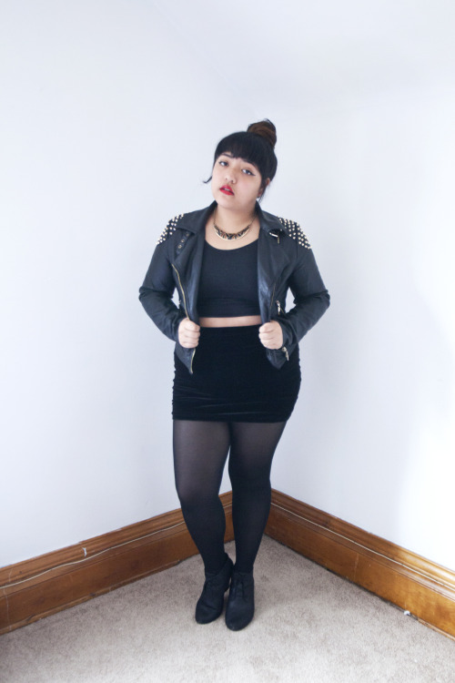 queerfatbrownbitch:shirt, tights, skirt - American Apparelshoes - Call it Springjacket and necklace 