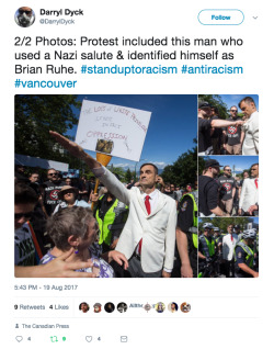 danikasapphistry:  kc749:  its-rowark:   allthecanadianpolitics:   Neo-nazi’s/White Supremacists were out in Vancouver, Canada today. It doesn’t get any more blatant than a fucking nazi salute. Photos by @DarrylDyck   I’m so ashamed of my country