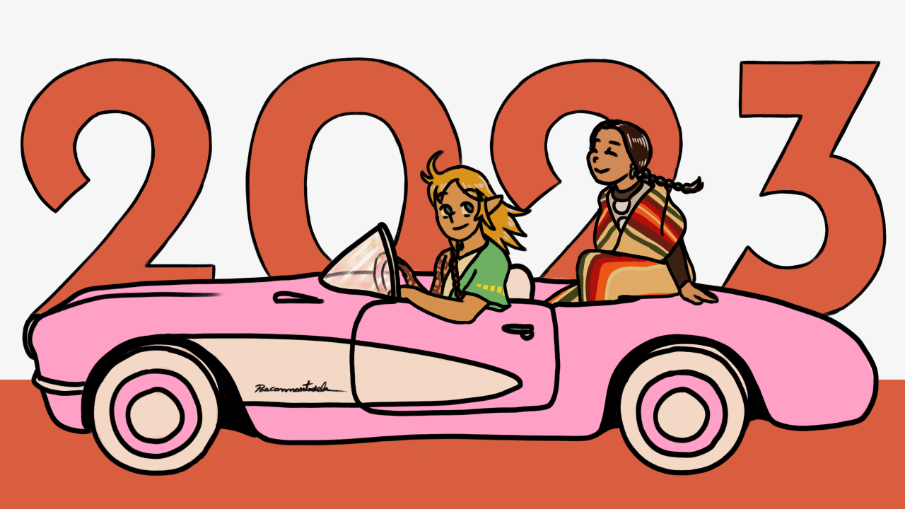 Link, de "The Legend of Zelda: Tears of the Kingdom" conduz Mollie, de "Assassinos da Lua das Flores", no carro da Barbie. "2023" pode ser visto ao fundo.