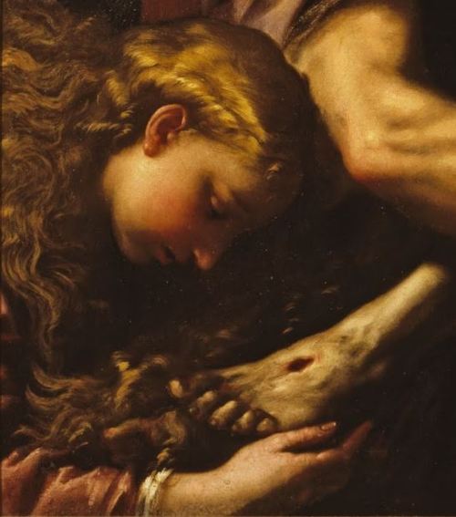 Mary Magdalene at Christ&rsquo;s feet.Details from:Luca Giordano, The Entombment of Christ (1655 Mos