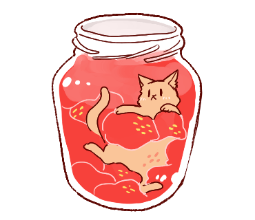 infernallegaycy:[id: two illustrations. the first is of a cat inside a jar full of strawberries, loo