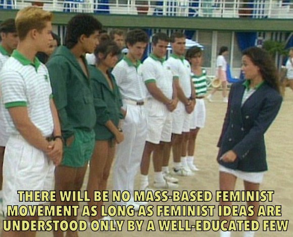 Source: Feminist Theory: From Margin to Center by bell hooks
Image description: A still image from the 90’s TV sitcom Saved By The Bell. A group of men and women stand at attention, wearing work uniforms for a beach resort. They are listening to...