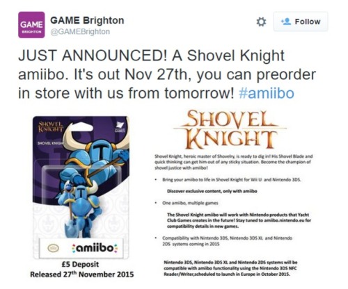 GAME LEAKS SHOVEL KNIGHT AMIIBOGAME (The UK’s equivalent of Gamestop) very recently put up a Shovel 